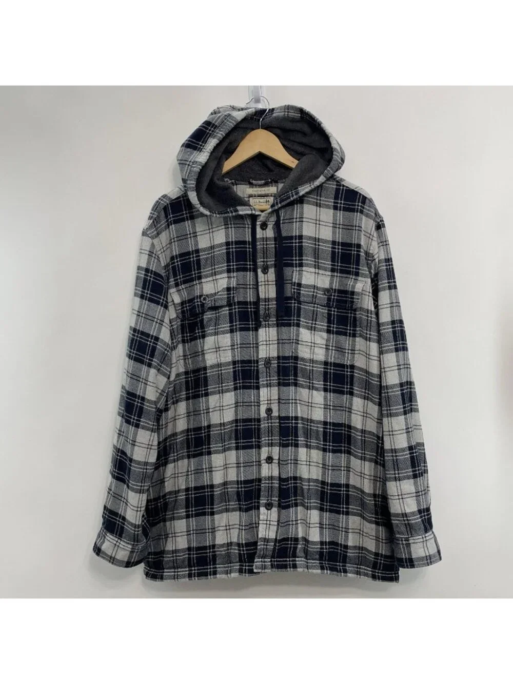 LL Bean Shacket Shirt Jacket Plaid Fleece Lined Hooded Pockets Black Mens XXL